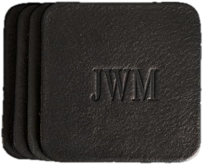 Ox & Pine Personalized Leather Coaster - Sold Individually or in Sets of 4 - Customize Inscription - 100% Full-Grain Leather – 4" Round or 4" Square (Square, Black, Set of 4 Coasters)