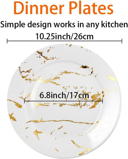 Modern 6-Piece Dinner Plate Set, 10-Inch White Marble Ceramic Plates with Gold Rim, Elegant Appetizer Salad Dessert Plates for Everyday Dining & Party.
