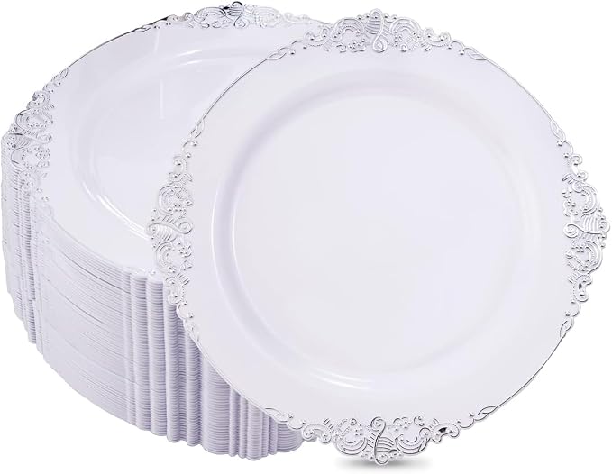 100pcs White Silver Plastic Plates by Hioasis