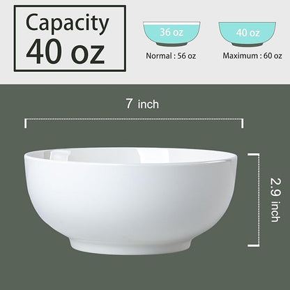 40 oz Large Soup, Ramen, Pho, Noodle, and Salad Bowl Set of 4, 7 in White Ceramic Bowls, Versatile & Microwave Safe
