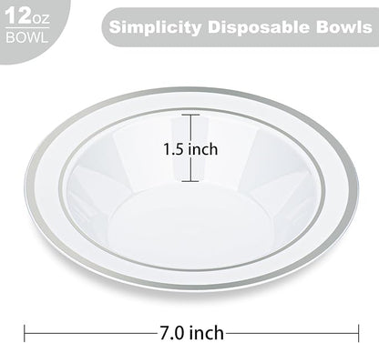 BESTVIP 200 Pack Plastic Bowls with Silver Rim, 12 oz Disposable Soup Bowls, Heavy-duty Dessert Fruit Bowl for Party, Wedding, Christmas, Dinner Catering
