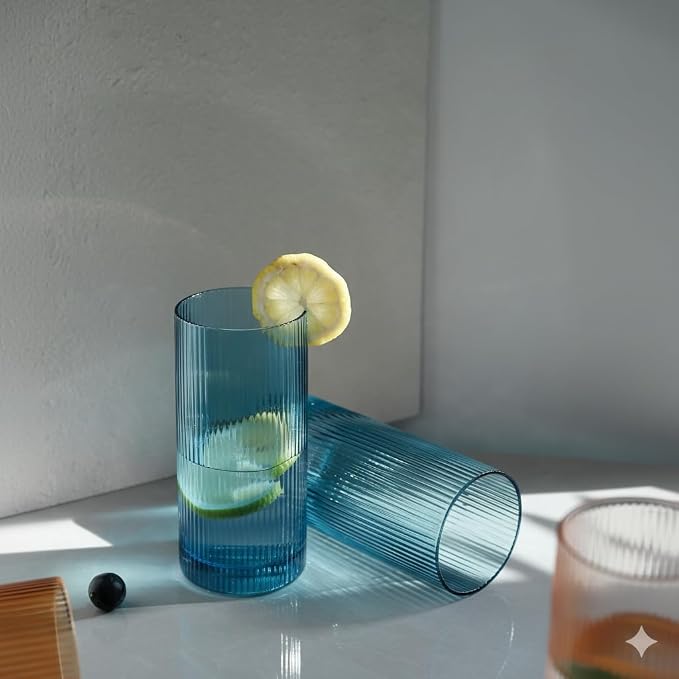 Physkoa Blue Ribbed Drinking Glasses Set of 6 – Vintage Embossed Highball - Image 7
