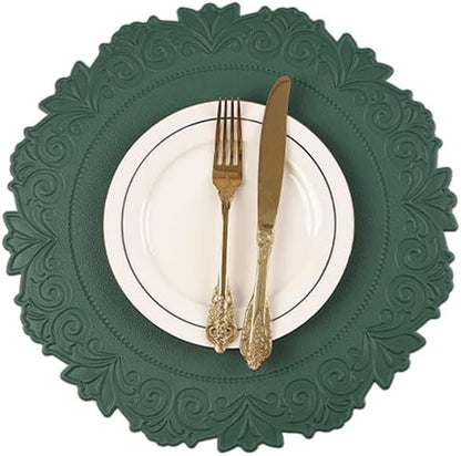 Noctiflorous Round Faux Leather 15 Inch Placemats Set of 4 Waterproof Wipeable Heat Resistant Tablemat for Dining Table Kitchen Non Slip Oilproof Table Place Mat for Indoor Outdoor(Green, 4)