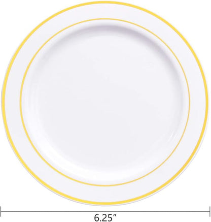 bUCLA 100Pieces Gold Plastic Plates - 6.25inch White with Gold Rim Disposable Salad/Dessert/Appetizer/Small Cake Plates Premium Hard - Ideal for Wedding, Party