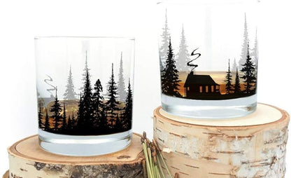 Black Lantern Cabin in the Forest Whiskey Glass Set – 11oz Old Fashioned Rocks Tumblers with Cabin & Pine Tree Design | Hand-Printed Heavy-Base Barware for Bourbon, Scotch & Cocktails (Set of 2)