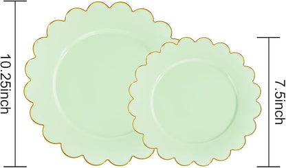LIYH 60 Pcs Light Green Plastic Plates with Gold Edges, Disposable Sage Green and Gold Plastic Plates Includes: 30 Dinner Plate 10.25 Inch and 30 Dessert Plate 7.5 Inch
