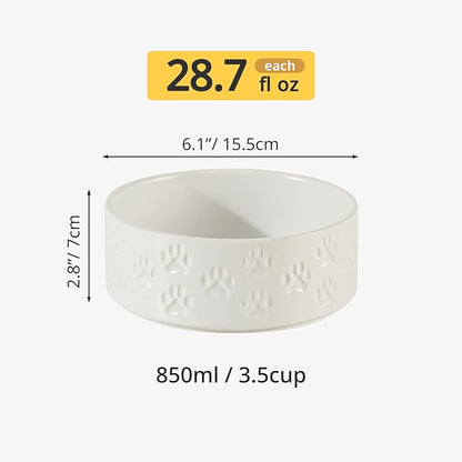 Ceramic Dog Bowl Set, 6.1" Dog Bowls with Anti-Slip Rings for Small Breed Dogs, 3.5 Cup Food and Water Bowls, Pet Dishes for Small-Sized Dogs, Microwave Safe (Double Bowls - White, 6 inch)