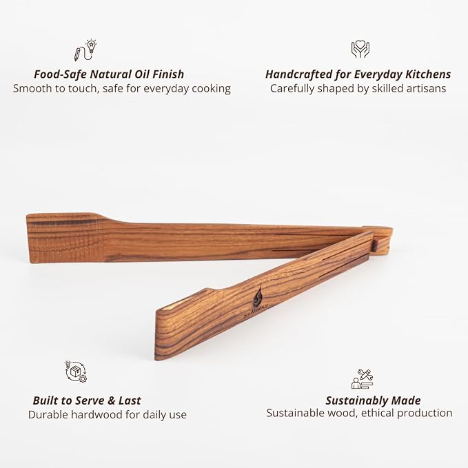 Super Slim Spring Salad Tongs: Teak Wood Salad Hand Server 0.1" x 0.1" x 12" - Image 2
