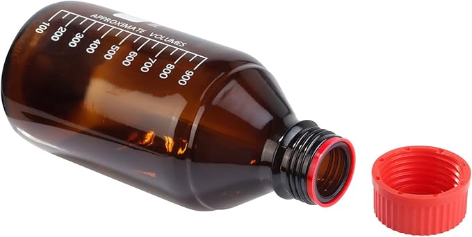 4 Pieces Amber Glass 1000 mL Graduated Round Lab Reagent Media/Storage Bottle With GL45 Red Screw Cap