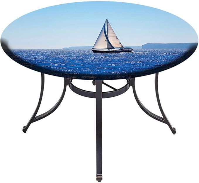 Round Tablecloth, Ocean Tablecloth for Side Table, Blue Mediterranean Sailboat Sailing in Round Tables 44inch Diameter, for Indoor Outdoor Fits, Blue