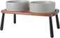 SPUNKYJUNKY Ceramic Elevated Dog Bowls Raised with Acacia Bamboo Wooden Stand, 8.3'' Dog Food Water Bowls Set Non-Slip for Medium Large Sized Breed Microwave Dishwasher Safe - 60 OZ,Grey