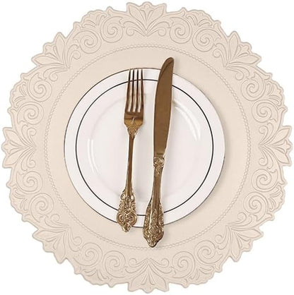 Noctiflorous Round Faux Leather 15 Inch Placemats Set of 6 Waterproof Wipeable Heat Resistant Tablemat for Dining Table Kitchen Non Slip Washable Oilproof Table Place Mat for Indoor Outdoor(Beige, 6)