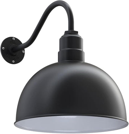 Steel Lighting Co. Hollywood Bowl Light | Outdoor Wall Mounted | 15 inch Bowl Dome | 16 inch Gooseneck | Barn Light Made in America | Matte Black Exterior/White Interior