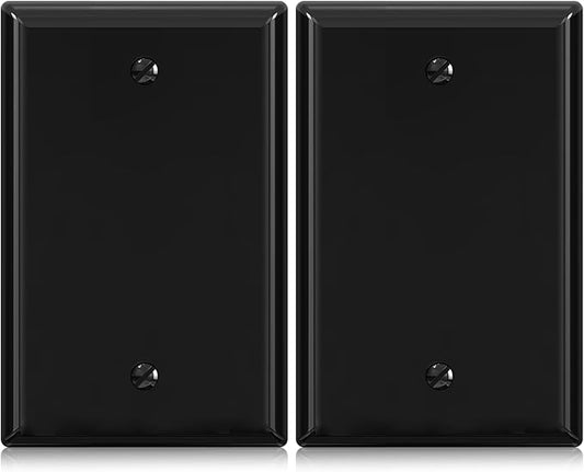 ELEGRP 1-Gang Blank Device Wall Plates, Mid-Size 4.88" H x 3.13" L Unbreakable Thermoplastic Blank Faceplate Cover for Unused Outlets/Switches, UL Listed (2 Pack, Glossy Black)