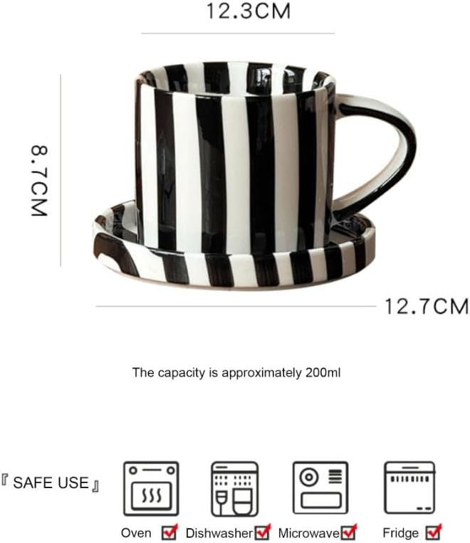 Cup and Saucer Set Hand-Painted Black Stripes, 8 Oz Ceramic Coffee Mug - Image 3