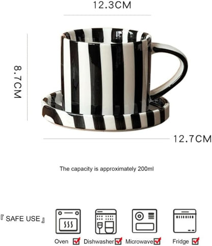 Cup and Saucer Set Hand-Painted Black Stripes, 8 Oz Ceramic Coffee Mug - Image 3