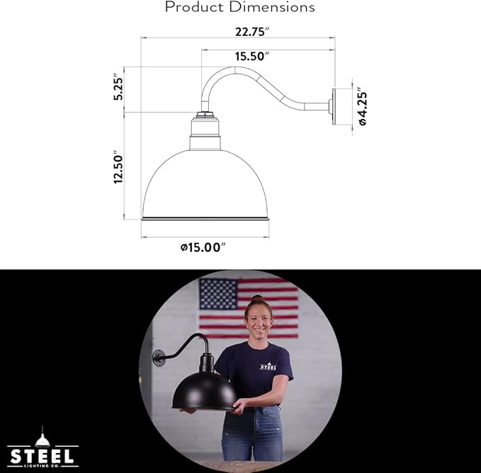 Steel Lighting Co. Hollywood Bowl Light | Outdoor Wall Mounted | 15 inch Bowl Dome | 16 inch Gooseneck | Barn Light Made in America | Matte Black Exterior/Matte Black Interior