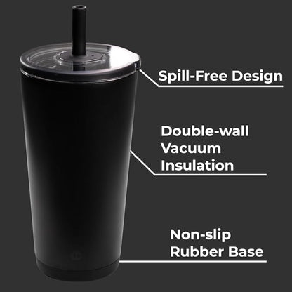 HydroJug Everyday Tumbler 20 oz – Ceramic-Lined Insulated Tumbler with Straw and Soft-Touch Lid, Cup Holder Friendly, Double-Wall Vacuum Insulation, Reusable Travel Cup – Black