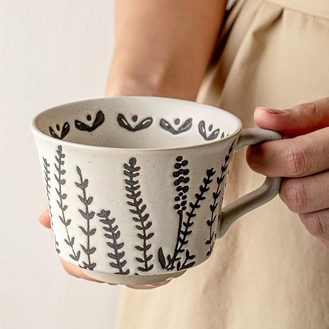 4 Pack 12oz Speckled Stoneware Coffee Mugs, Vintage Black Seaweed Botanical - Image 3