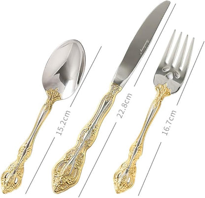 TWEE Silverware Set for 4, 20-piece Luxury Gold-plated Palace Style Stainless Steel Flatware Cutlery Serving Utensils Eating Tableware for Home Kitchen Hotel Restaurant Mirror Polished