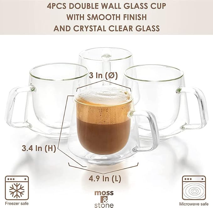 Moss & Stone Set of 4 Double Wall Glass Cup Clear Mug, Double Walled Coffee - Image 3