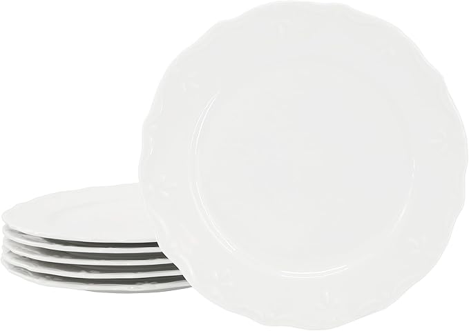 Elama Henryi 6 Piece Embossed Rim Detail Porcelain White 8.75 Inch Salad Plate by Elama