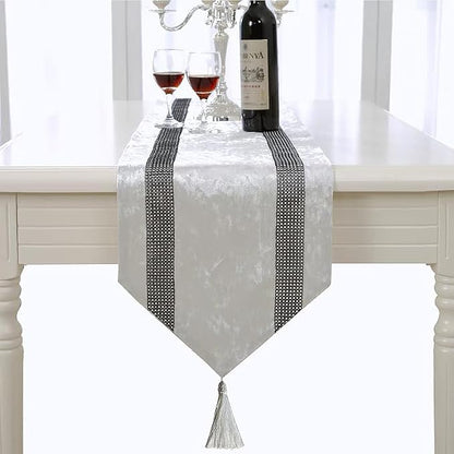 Elegant Creamy White Table Runner, Bling Rhinestone, Ombre Velvet, Dual Bling - Image 4