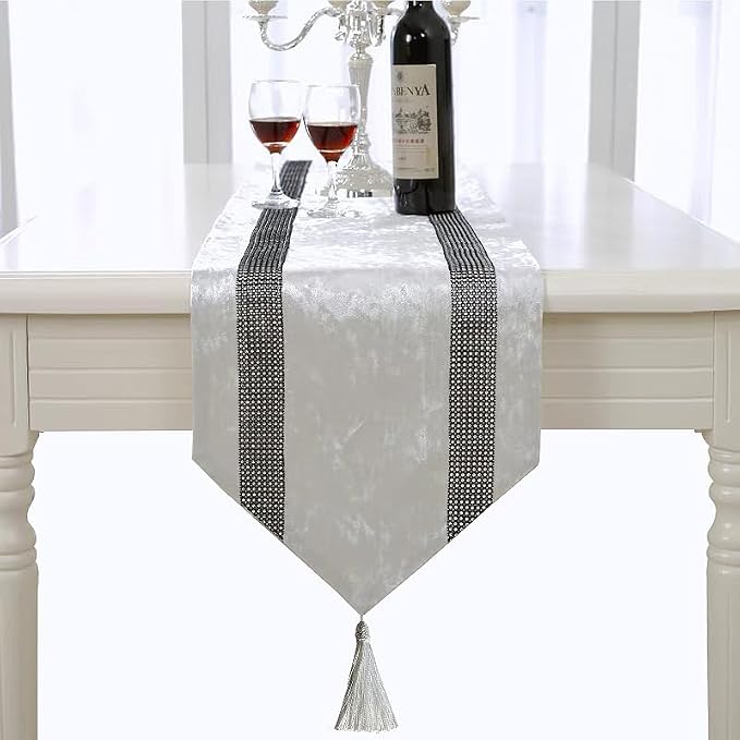 Elegant Sequin Rhinestone Creamy White Table Runner, Ombre Velvet, Modern Style - Image 4