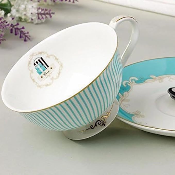 Ceramic Cup& Saucer Set, 6.8oz- Blue Stripe Pattern - Image 3