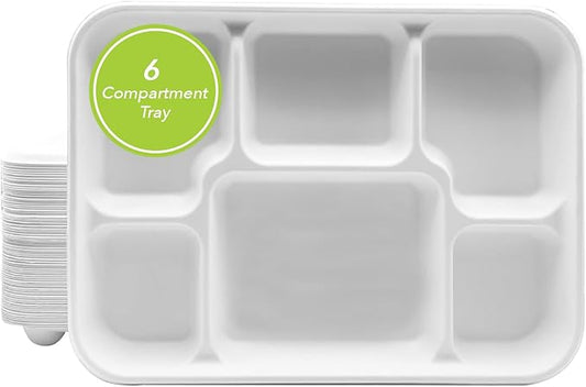 three leaf 6 Compartment Bagasse Tray 400 Ct. Heavy Duty, Super Strong,Eco Friendly Disposable Bagasse Plates,100% Biodegradable Plates, Microwave and Freezer Safe, Ideal for Party, Dinner and Picnic