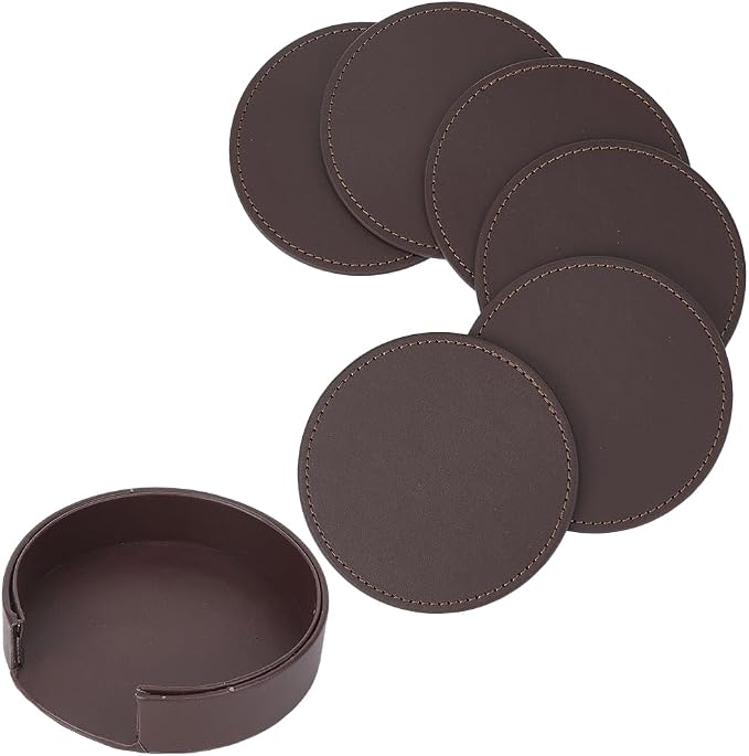 6PCS PU Leather Coasters for Table Protection 4 Inch Round Drink Cup Holders by QUALITYCALFOVERA