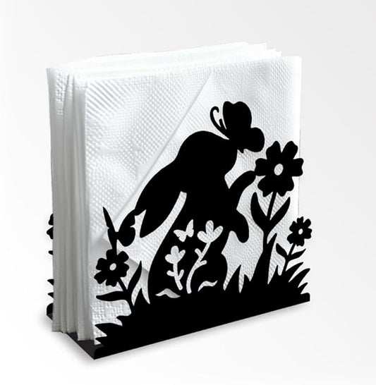 Rabbit Flower Decorative Black Metal Napkin Holder for Table, 5.3" x 4.9" x 1.9" Bunny Butterfly Animal Standing Napkin Holder for Home Kitchen Restaurant Picnic Party Coffee Bar Dining Room