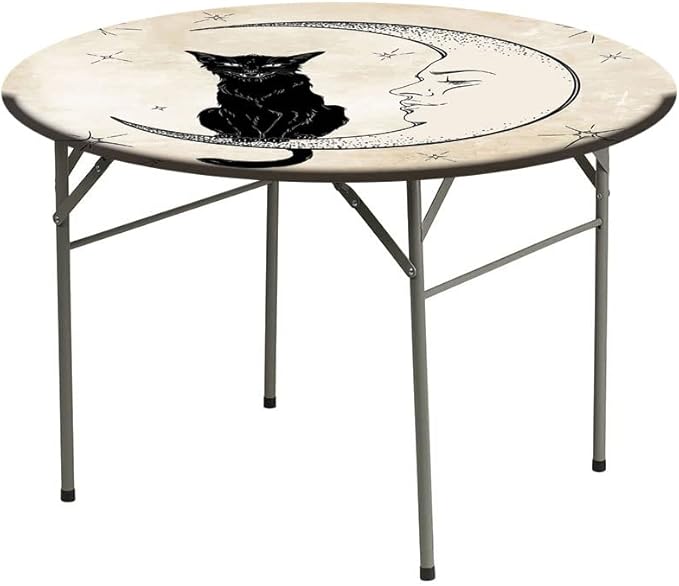 Elastic Tablecloth, Moon Decorative Fabric Table Cover for, Black Cat Sitting on White Crescent Moon, Fit Round Tables 48inch Diameter, Buffet Table/Parties/Holiday Dinner, Sand Brown Black