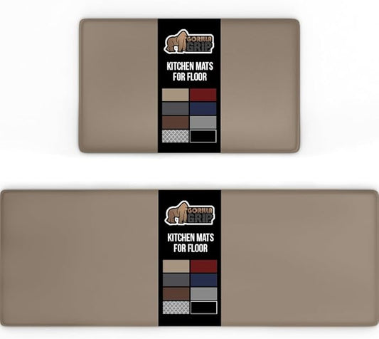 GORILLA GRIP 2 Pack Comfortable Cushioned Kitchen Mats for Floor, 17x24 + 17x48, Waterproof and Stain Resistant, 1/2 Inch Thick Soft Ergonomic Standing Desk Anti Fatigue Mat, Foam Supports Feet, Beige