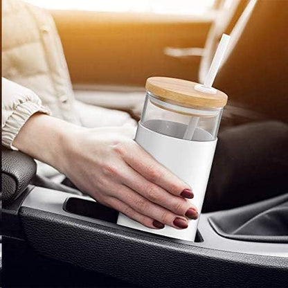 Tronco 20 oz Glass Tumbler with Lid and Straw, Iced Coffee Cup and Smoothie Cup with Bamboo Lids & Protective Silicone Sleeve, Dishwasher Safe, BPA-Free, Glass Cup 2 Pack