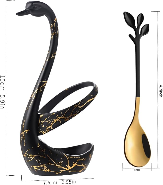 AnSaw Black Swan Base With 10-Pcs Mini Leaf Coffee Spoon Holder Set - Image 2