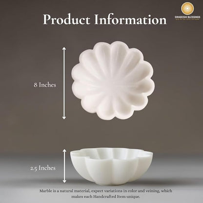 SWADESHI BLESSINGS HandCrafted Marble Decorative Bowl | White Ruffle Scalloped Fluted Key/Fruit Ring Dish | Organic Modern Home Decor (8 Inches)