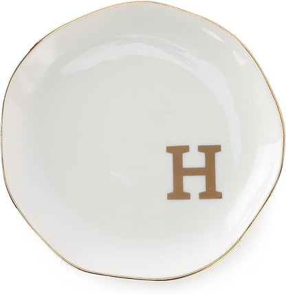 Initials Ring Dish Jewery Tray with Personalized H-Monogrammed Gifts Wedding Engagement for Women Friends sister,Ceramic White