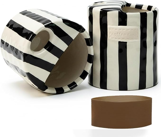 Ceramic Coffee Mug with Half Lid, 12oz To Go Coffee Mug, Handcrafted Striped by KOIMYSA