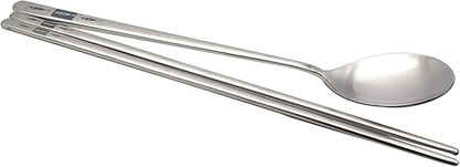 SUPIA Korean Traditional Cutlery Stainless Steel Spoons and Chopsticks Set Tableware with Long-hand, Reusable (Silver Fish)