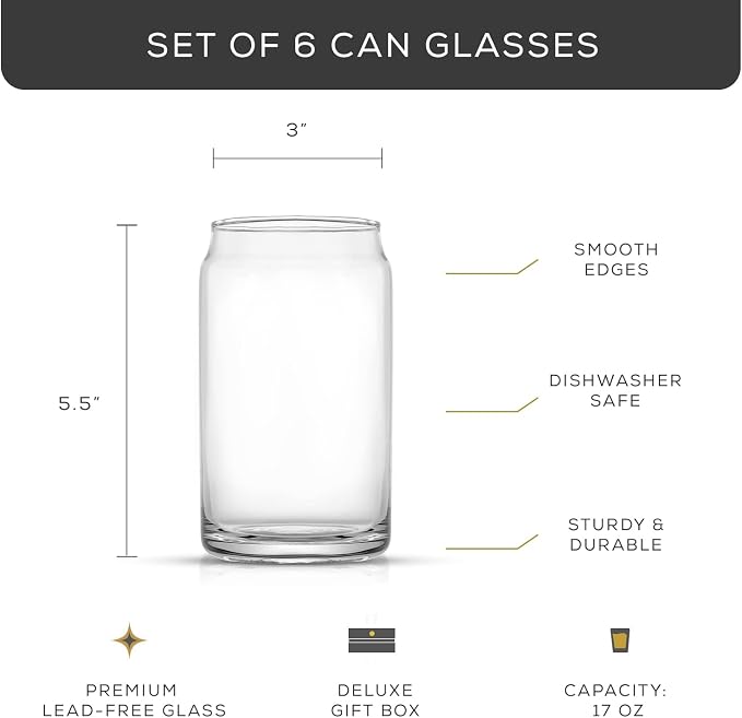 JoyJolt Drinking Glass Cups Set of 6-16oz Beer Can Glasses. Clear Soda Can - Image 2