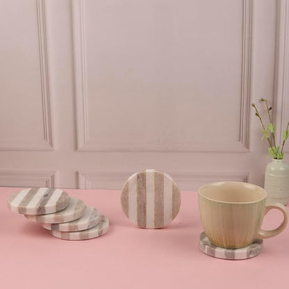 GoCraft Handcrafted Marble Round Coasters with Striped Inlay - Set of 6 White & Grey Marble Coasters for Wine Glasses, Drinks & Beverages, Stylish Barware & Home Decor for Dining & Entertaining