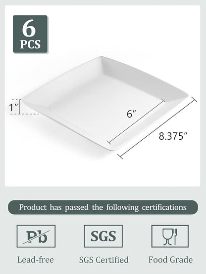 Yedio Porcelain Square Dessert Plates, 8.4 Inch Square Serving Plate for Steak, Pasta, Salad, Snacks, Dessert, Appetizer Plates, Set of 6, White