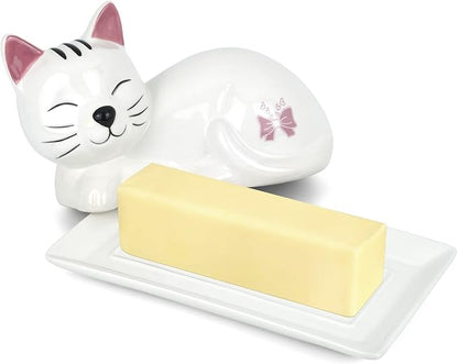 Cat Butter Dish with Lid – Cute Ceramic Plate – Keeper to leave on counter – Gift for cat lovers – Decor for dining room table – Perfect housewarming gift – Butterbell dish