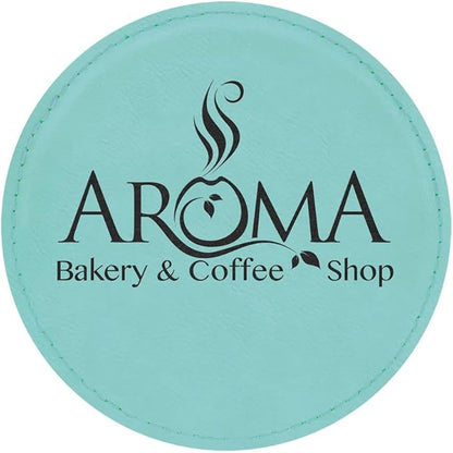 Custom Engraved Coasters | Personalized Leather Coaster | Set of 6 | Drink Coasters with Holder | Laser Engraved | Tabletop Protection | Gift for Couples (Round 4", Teal w/Black)
