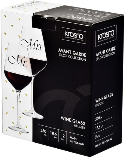 Krosno Mr & Mrs Wine Glasses, Set of 2, 18.6 oz, Avant-Garde Collection, Crystal Glass, Ideal Wedding Gift, Dishwasher Safe, Made in Europe