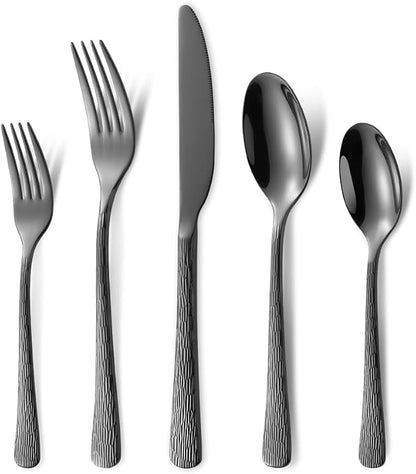 Hammered Black Silverware Set, Flatware Set, 18/10 Stainless Steel Premium by MetalServingUtensils