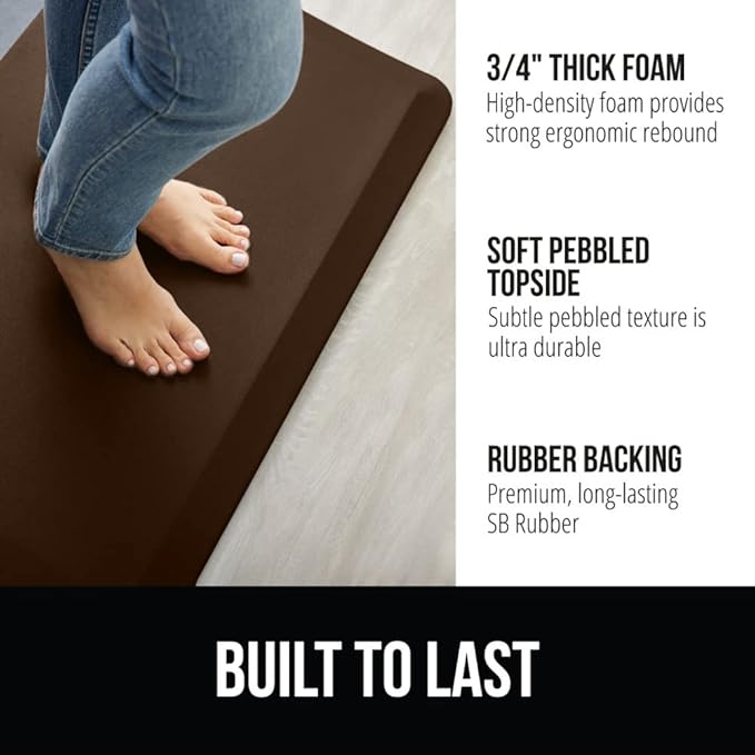 GORILLA GRIP Comfortable Cushioned Kitchen Mats for Floor, Waterproof and Stain Resistant Soft Top, 3/4 Inch Thick Ergonomic Standing Desk Anti Fatigue Mat, Foam Supports Ankles and Feet, 17x24, Brown