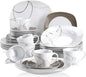 VEWEET 'Nikita' 30-Piece Dinner Set Ivory White Brown Lines Porcelain China Ceramic Combination Sets of Dessert Plates/Soup Plates/Dinner Plates/Cups/Saucers Service for 6