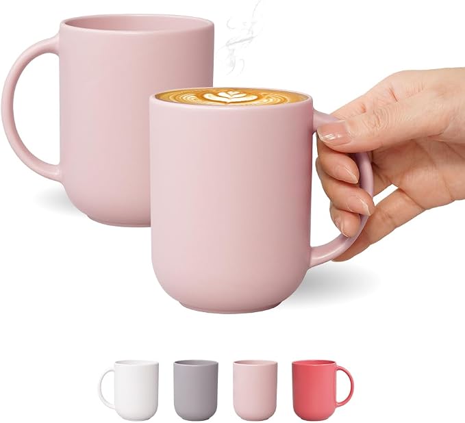 12 oz Ceramic Coffee Mug, Matte Pink White Gray Coffee Mug by BOWLBOWL